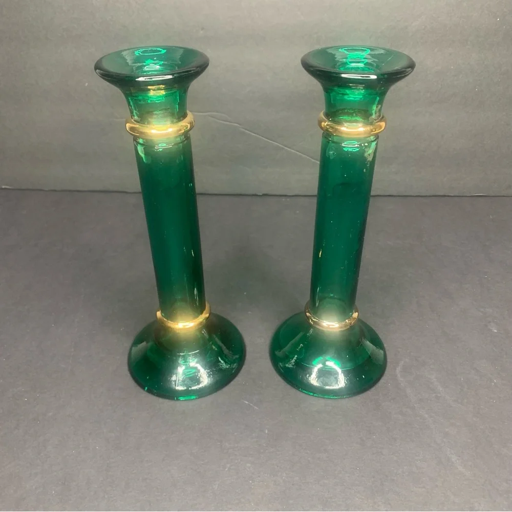 Pair of Vintage Pier 1 Emerald Green Candlesticks